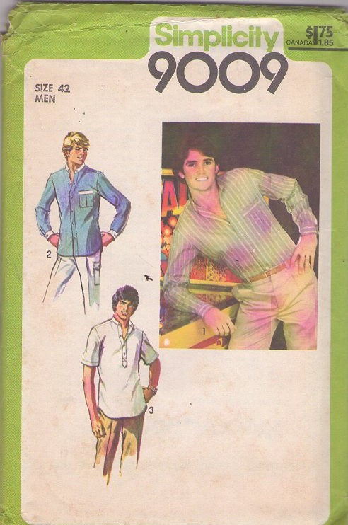 Simplicity 9009 Vintage 70's Sewing Pattern Men's Shirts, Stand Up Nehru Collar Disco Era Preppie Dress Shirt, Pullover Polo Shirt Set Size 42 XL