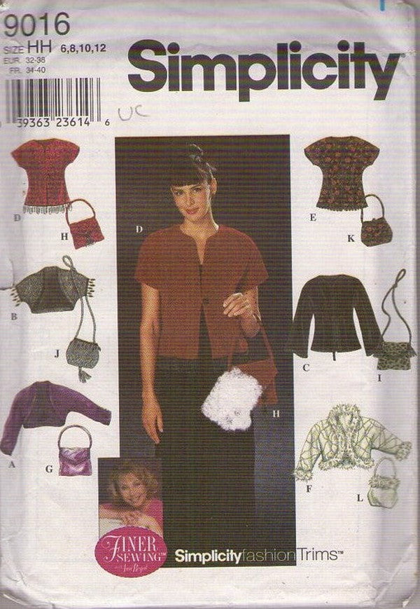 Simplicity 9016 Retro 90's Sewing Pattern Fashion Trims, Shrug Jacket, Purse, Bags, Accessory Set Size 6-12