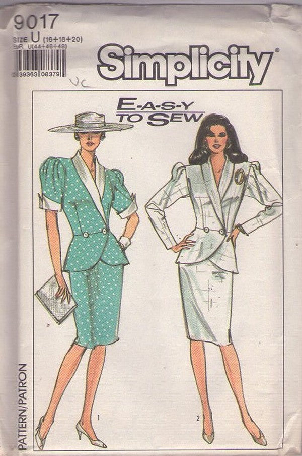 Simplicity 9017 Vintage 80's Sewing Pattern Career Suits, Easy To Sew Pretty Woman 2 Piece Power Suit Dress, Peplum Jacket Blouse, Slim Pencil Skirt Size 16-20 UNCUT