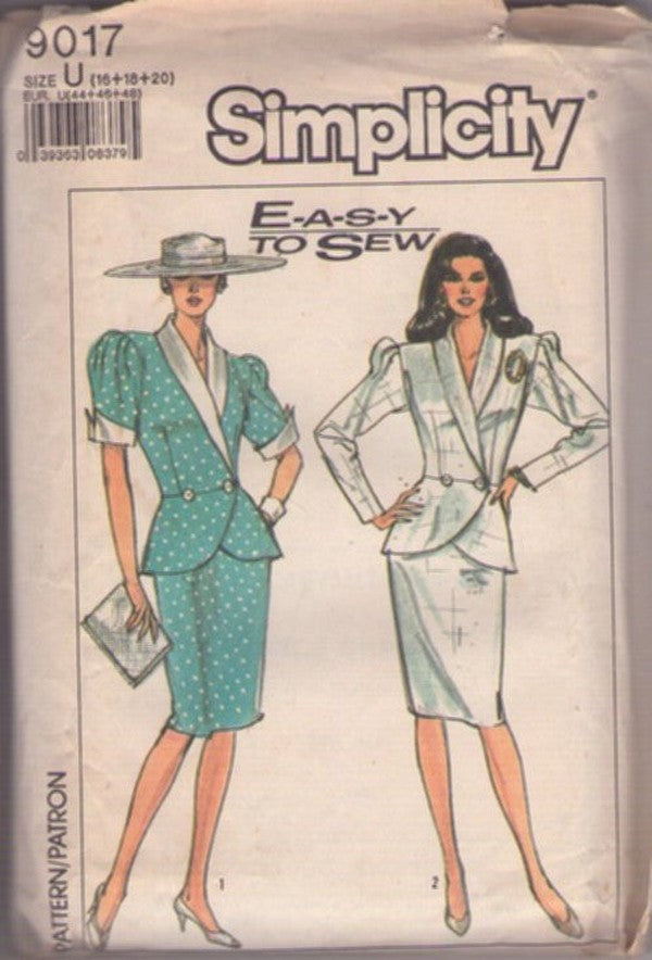 Simplicity 9017 Vintage 80's Sewing Pattern Career Suits, Easy To Sew Pretty Woman 2 Piece Power Suit Dress, Peplum Jacket Blouse, Slim Pencil Skirt Size 16-20 PART CUT