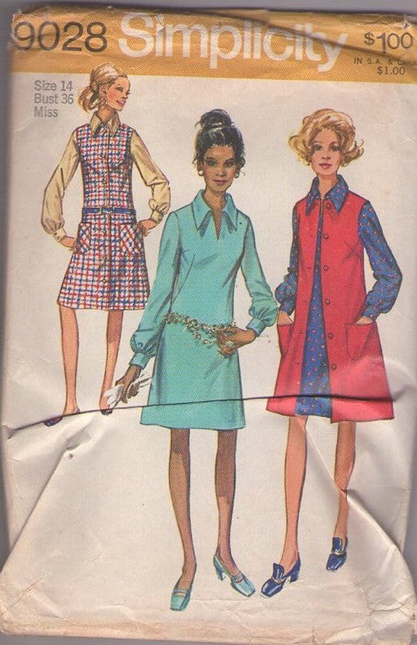 Simplicity 9028 Vintage 70's Sewing Pattern Secretary Dress Set, Big Pointed Collar, Slit Neck Balloon Sleeve, Front Buttoned Jumper, Sleeveless Jacket Size 14