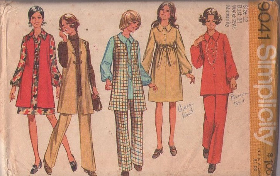 Simplicity 9041 Vintage 70's Sewing Pattern Mod Bump Friendly Dress, Tunic Top, Pants, Long Vest Separates Size 12