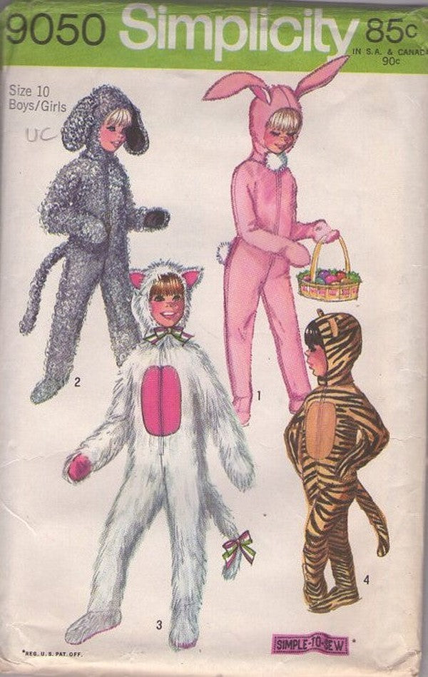 Simplicity 9050 Vintage 70's Sewing Pattern Animal Costumes, Purrfect Retro Kitty Cat, Tiger, Jaguar, Bunny Rabbit Faux Fur Jumpsuit Halloween Costumes with Feet & Hood Size 10
