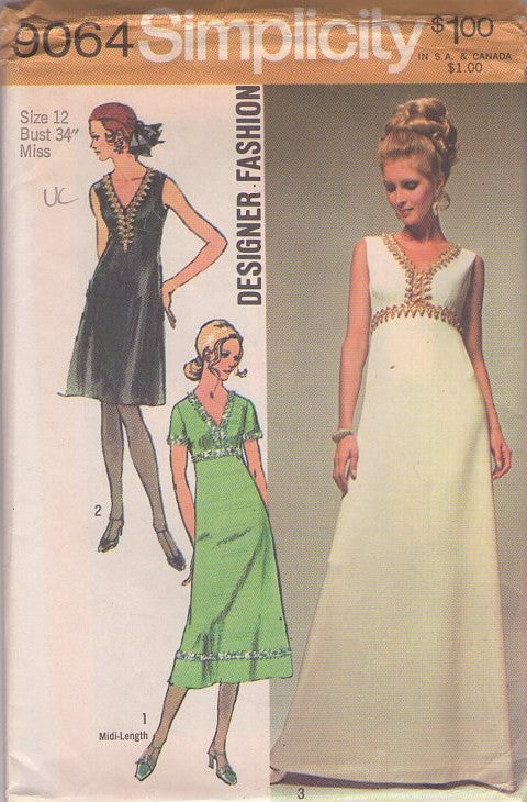 Simplicity 9064 Vintage 70's Sewing Pattern Designer Fashion Gowns, Grecian Goddess High Waisted Cocktail Party Dress, Wedding Gown, 3 Styles, Braid Trim Size 12 UNCUT