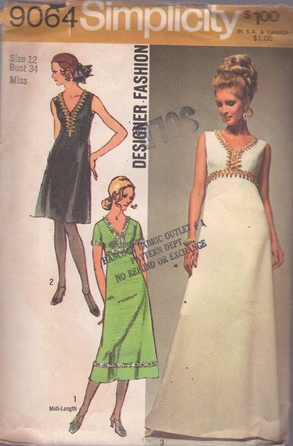 Simplicity 9064 Vintage 70's Sewing Pattern Designer Fashion Gowns, Grecian Goddess High Waisted Cocktail Party Dress, Wedding Gown, 3 Styles, Braid Trim Size 12 CUT