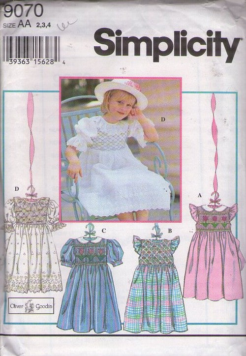 Simplicity 9070 Retro 90's Sewing Pattern Girl's Smocked Dress, Designer Oliver Goodin, Old Fashioned, Modest Fancy Dress Set, Smocking Trim 4 Styles Size 2-4