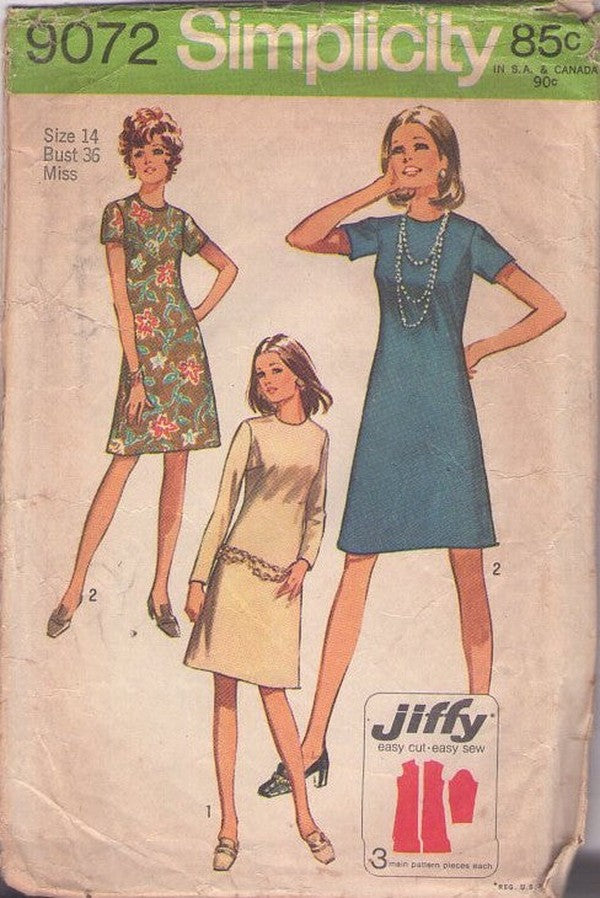 Simplicity 9072 Vintage 70's Sewing Pattern Mod Dress Set, Easy Jiffy Dart Fit & Flared A-Line Secretary Dress 2 Styles Size 14