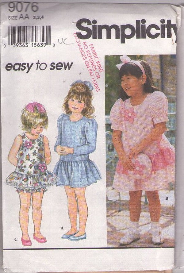 Simplicity 9076 Vintage 90's Sewing Pattern Girls' Easy Dropwaist Dress, Tiered Tunic Top, Bloomer Panties, Party Styles Size 2-4