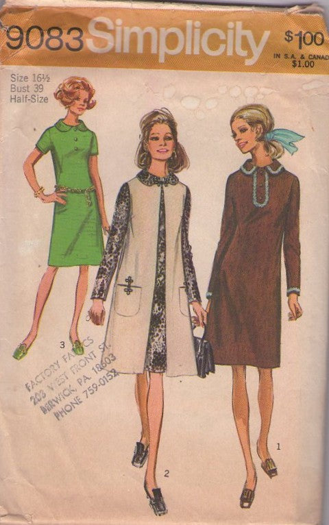 Simplicity 9083 Vintage 70's Sewing Pattern Secretary Dress, Vest Coat, Peter Pan Collar, Straight Fit Dress, Long Toggle Pockets Vest Coat, Jacket Size 16.5