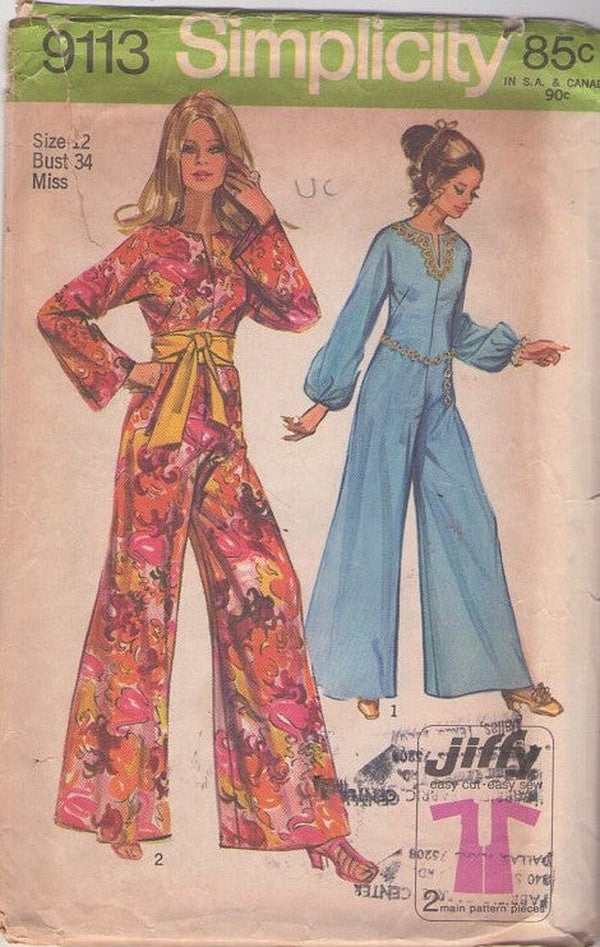 Simplicity 9113 Vintage 70's Sewing Pattern Jiffy Jumpsuit, Pantdress Set, 2 Main Pieces Flared Bell Bottoms Haren Genie I Dream of Jeannie Jumpsuit, Hostess PantDress Size 12