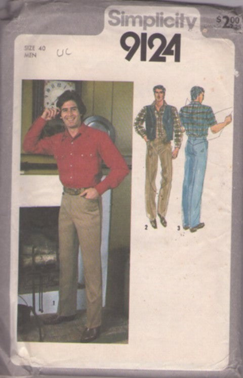 Simplicity 9124 Vintage 70's Sewing Pattern Mens' Shirts, Western Pearl Snaps Cowboy Shirt, Piping Trimmed Slacks, Trousers, Jeans, Reversible Vest Jacket Size 40 L