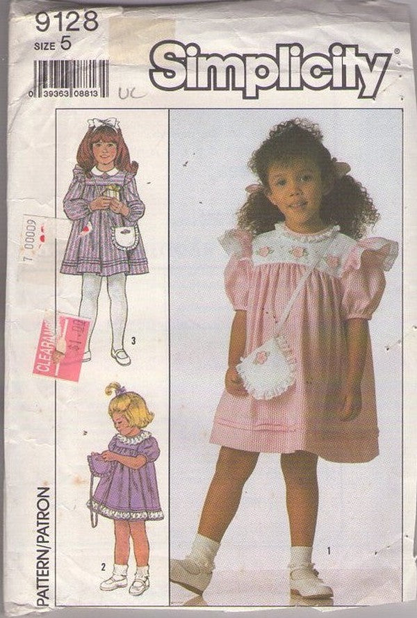 Simplicity 9128 Vintage 80's Sewing Pattern Girls' Modest Dress, Flared Party Styles, Tiny Purse Bag Size 5