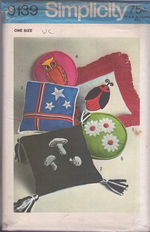 Simplicity 9139 Vintage 70's Sewing Pattern MCM Crafts, Mid Century Mod Eames Ear Knife Edge Pillow Set, Owl, Ladybug, Mushrooms, Flowers & Star Applique Square or Round
