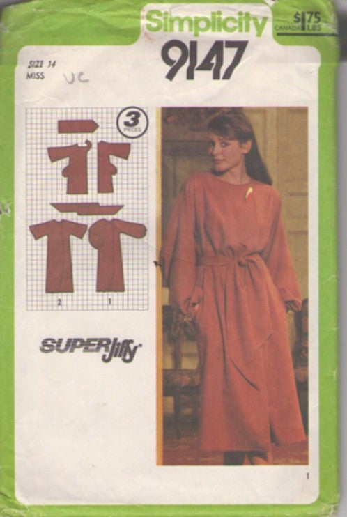 Simplicity 9147 Vintage 70's Sewing Pattern Super Jiffy Dress, Balloon Sleeve Front Wrap, 2 Styles & Sash Size 14