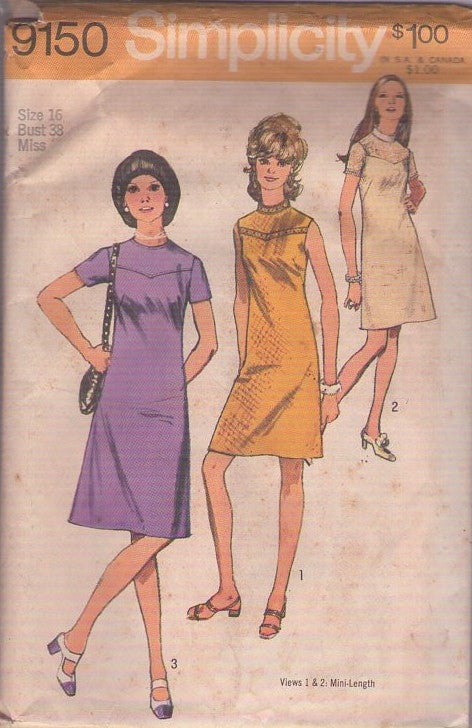 Simplicity 9150 Vintage 70's Sewing Pattern Mod Dress, Space Age, Yoked, 3 Styles Size 16