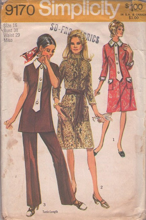 Simplicity 9170 Vintage 70's Sewing Pattern Mod Pantsuit Separates, Front Button Band Shaped Like a Tie Tunic Top, Dress, Pants Size 16