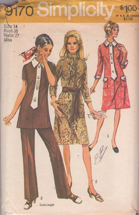 Simplicity 9170 Vintage 70's Sewing Pattern Mod Pantsuit Separates, Front Button Band Shaped Like a Tie Tunic Top, Dress, Pants Size 14