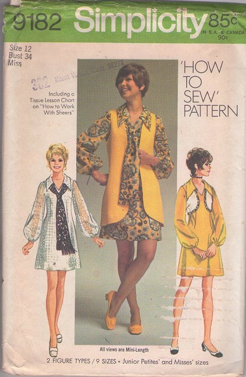 Simplicity 9182 Vintage 70's Sewing Pattern Mod Dress Set, How to Sew Mini Gogo Fit & Flared Balloon Sleeve Collared Dress, Vest Jacket, Fringe Scarf Size 12