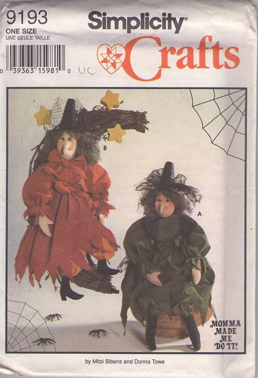 Simplicity 9193 Retro 90's Sewing Pattern Spooky Crafts, Dolls, Momma Made Me Do It by Mitzi Bibens & Donna Towe Witch Doll & Clothes, Dress, Halloween Decorations