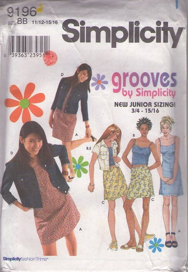Simplicity 9196 Retro 2000 Sewing Pattern Teen Girl's Y2K Grooves Separates, Tank Top, Mini Dress, Skirt, Jean Jacket Size 11/12-15/16