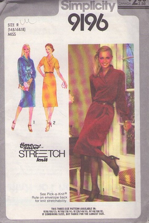 Simplicity 9196 Vintage 70's Sewing Pattern Secretary Dress, Time Saver Stretch Knits Pullover Surplice Shawl Collar Dress Size 12-16 UNCUT