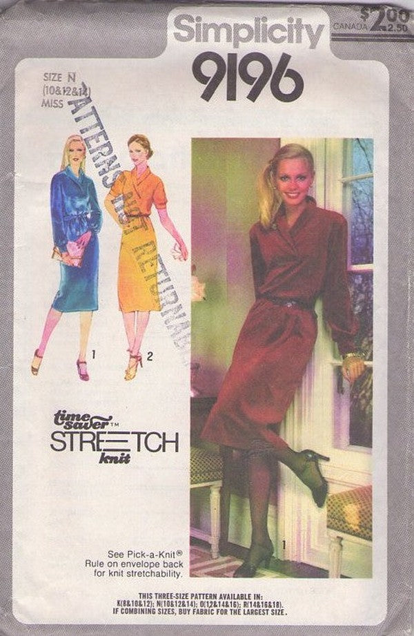 Simplicity 9196 Vintage 70's Sewing Pattern Secretary Dress, Time Saver Stretch Knits Pullover Surplice Shawl Collar Dress Size 10-14 CUT