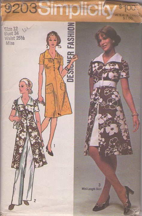 Simplicity 9203 Vintage 70's Sewing Pattern Mod Designer Fashions, Split Front Hostess Tunic Top, Wing Collared Dress, Mini Skirt & Pants Mix & Match Size 12