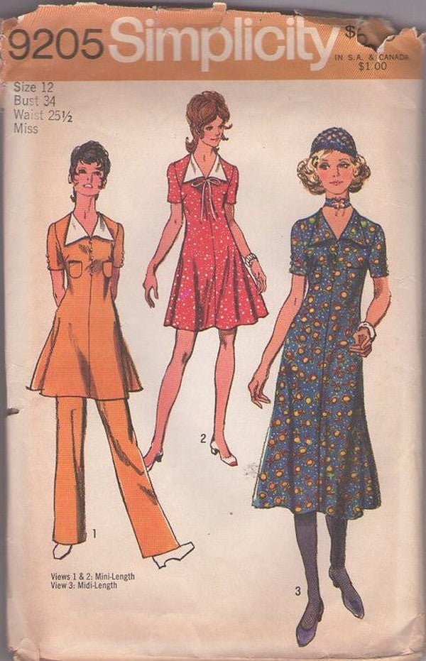 Simplicity 9205 Vintage 70's Sewing Pattern Mod Separates, Pointed Wing Collar Fit & Flared Secretary Dress, Long Tunic Top & Pants Pantsuit and Midi Dress Size 12