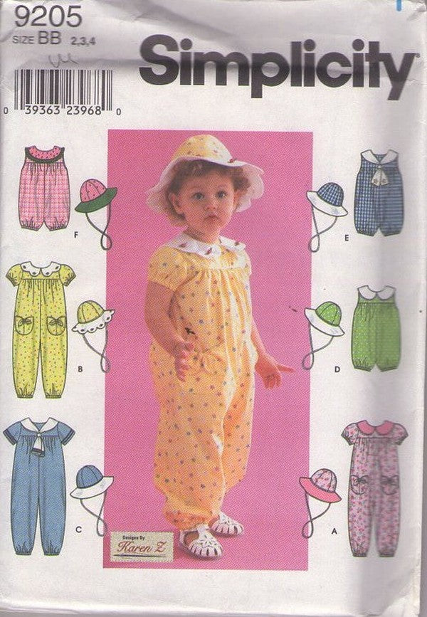 Simplicity 9205 Retro 2000 Sewing Pattern Toddler Girls' Modest Jumpsuit, Designs by Karen Z, Summer Bucket Hat, Romper, Sunsuit Size 2-4