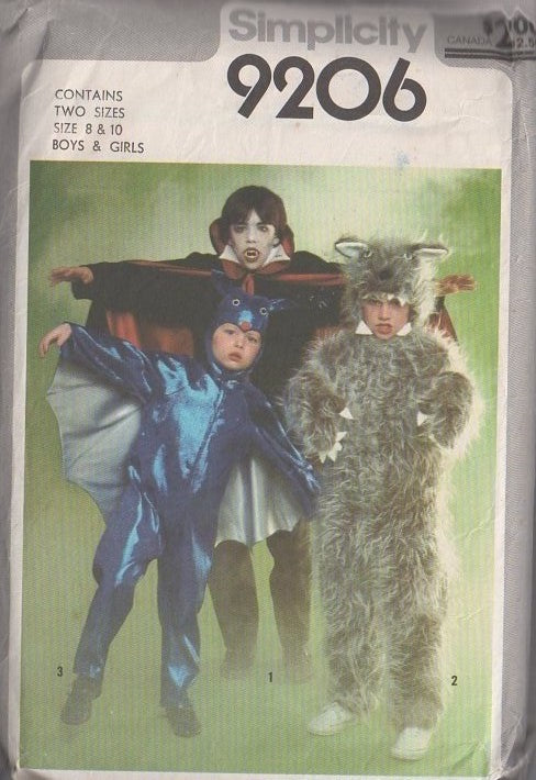 Simplicity 9206 Vintage 70's Sewing Pattern Monster Costumes, Old School Twilight, Retro Dracula Edward Vampire, Jacob Werewolf Wolf & Alien Halloween Costume, Jumpsuit, Cape, Hood Size 8-10