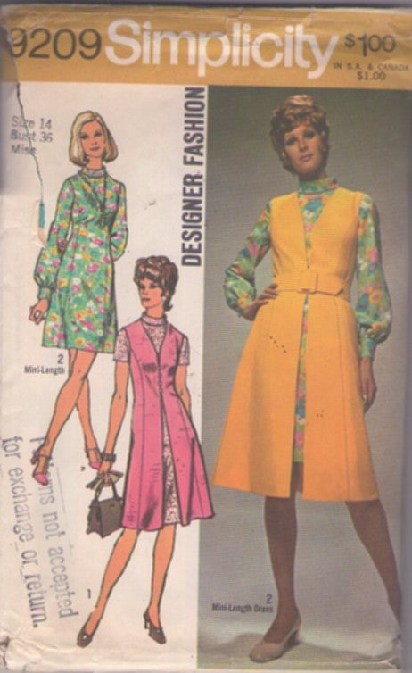 Simplicity 9209 Vintage 70's Sewing Pattern Mod Dress Set, Designer Fashion, Split Front Button & Loop Vest Coat, Jacket, Secretary Day Dress Size 14