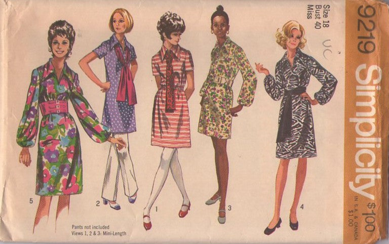 Simplicity 9219 Vintage 70's Sewing Pattern Mod Dresses, Collared Shirt Dress, Long Tunic Top, Mini Dress, Balloon Sleeves, Sash Belt, Tie Size 12