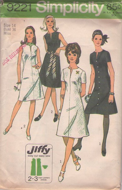 Simplicity 9221 Vintage 70's Sewing Pattern Easy Jiffy Mod Dress, Slit Neck, 2 Styles Fit & Flared Size 14