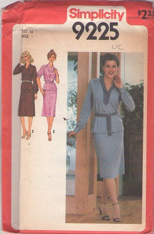 Simplicity 9225 Vintage 70's Sewing Pattern 2 Piece Secretary Dress, Slinky Knits Blouse Top, Slim Skirt, 3 Styles Size 14