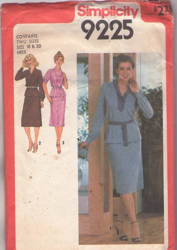 Simplicity 9225 Vintage 70's Sewing Pattern 2 Piece Secretary Dress, Slinky Knits Blouse Top, Slim Skirt, 3 Styles Size 18-20