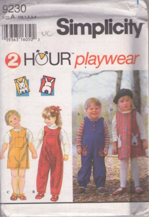 Simplicity 9230 Retro 90's Sewing Pattern Childs' Jumpsuits, 2 Hour Playwear, Button Shoulders Jumpsuit, Coveralls, Romper Sunsuit, Jumper Dress Size 1/2-4