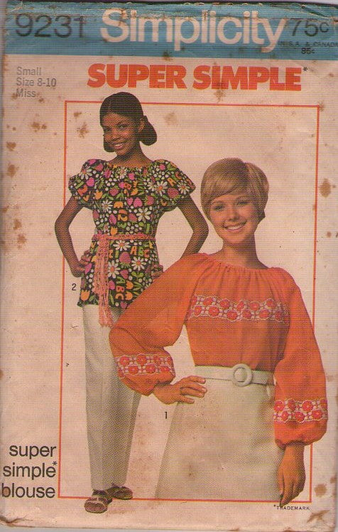 Simplicity 9231 Vintage 70's Sewing Pattern Hippie Tops, Super Simple Peasant Blouse, 2 Styles Size 8-10 S