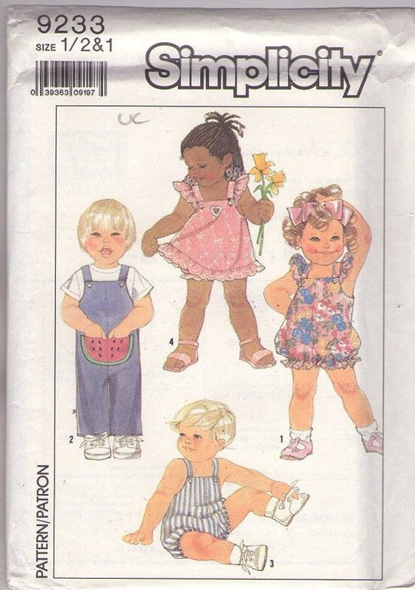 Simplicity 9233 Vintage 80's Sewing Pattern Boys' & Girl's Rompers, Sunsuit, Overalls, Coveralls, Jumper, Dress, Bloomers Panties Watermelon Pocket Size 1/2-1