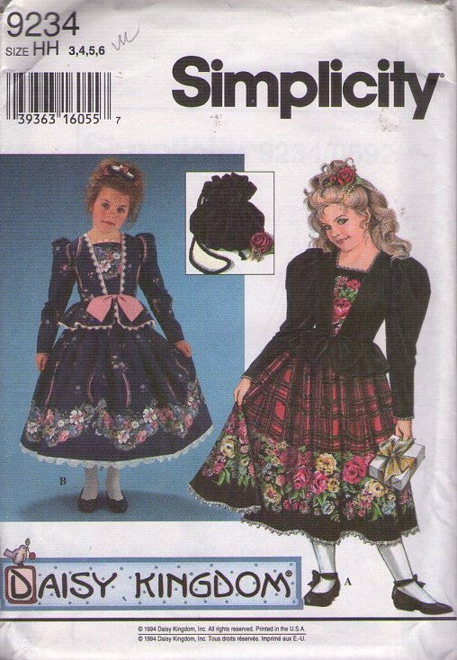 Simplicity 9234 Retro 90's Sewing Pattern Girl's Dress, Daisy Kingdom, Formal, Special Occasion, Border Print Dress with Peplum, Modest Length, Drawstring Purse Size 3-6