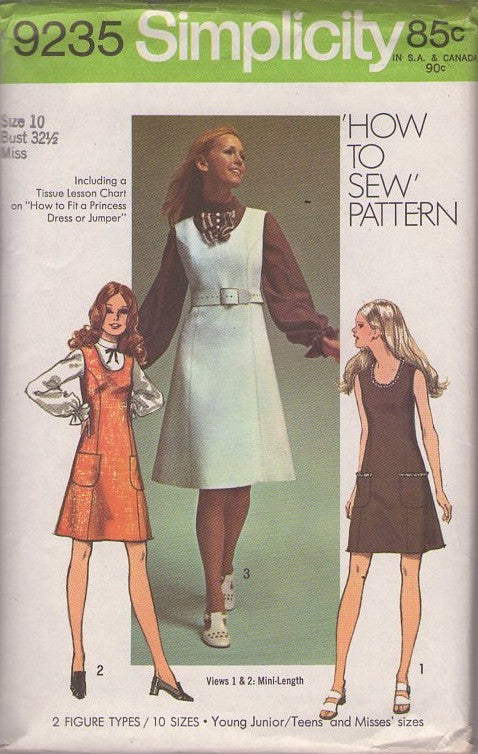 Simplicity 9235 Vintage 70's Sewing Pattern Mod Jumpers, Easy How To Sew Mod Scoop Neck, Princess Seams Jumper, Mini Dress Size 10