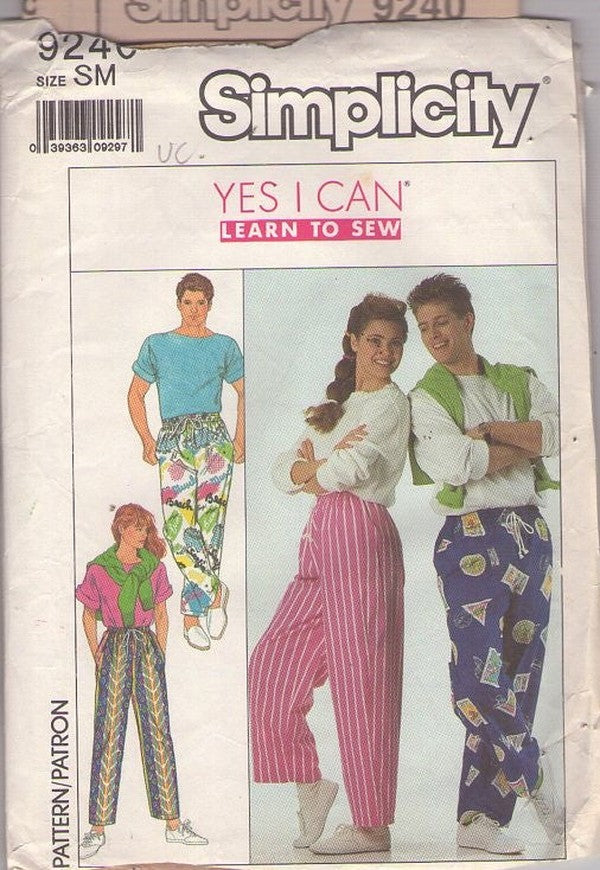 Simplicity 9240 Vintage 80's Sewing Pattern Easy Jams Pants, Skater, Surfer Styles, Learn to Sew Size S