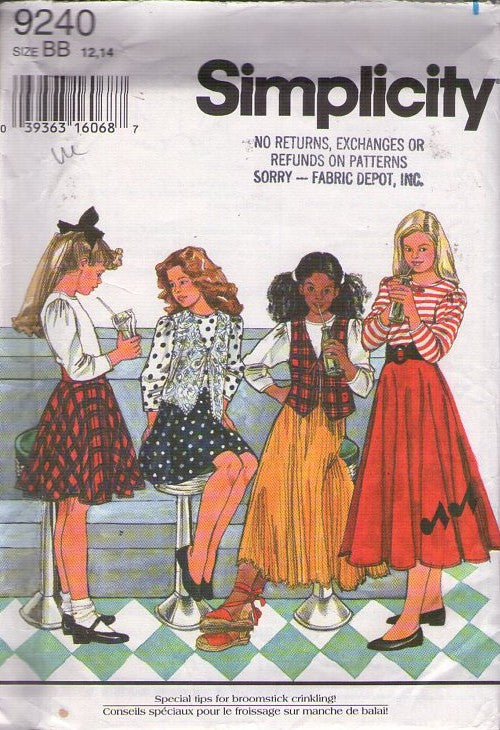 Simplicity 9240 Vintage 90's Sewing Pattern Teen Girl's Skirt Set, Flared, Broomstick Crinkle, Midi, Blouse, Vest Size 12-14