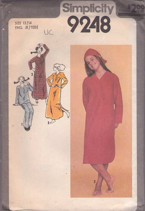 Simplicity 9248 Vintage 70's Sewing Pattern Sleepwear Set, Cozy Long Winter Nightgown, Nightshirt, Pajamas Top & Pants, Hat Size 13/14