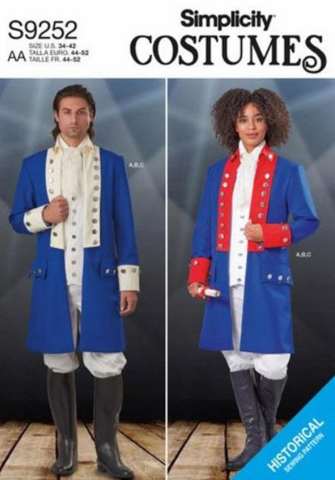 Simplicity 9252 Retro 2021 Sewing Pattern Historical Costumes, Hamilton, Patriotic, President or Pirate Frock Coat, Breeches, Knickers XL Size 44-52