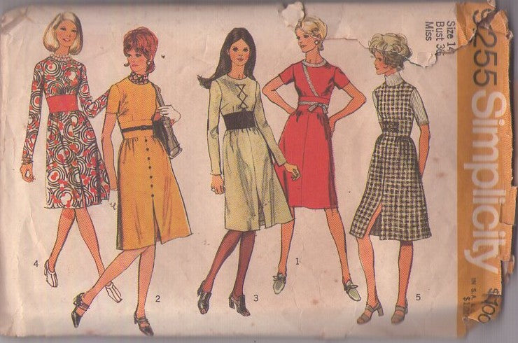 Simplicity 9255 Vintage 70's Sewing Pattern Mod Dresses, Secretary Wide Cinch Waist Midriff Fit & Flared Day Dress, Jumper 5 Styles Size 14