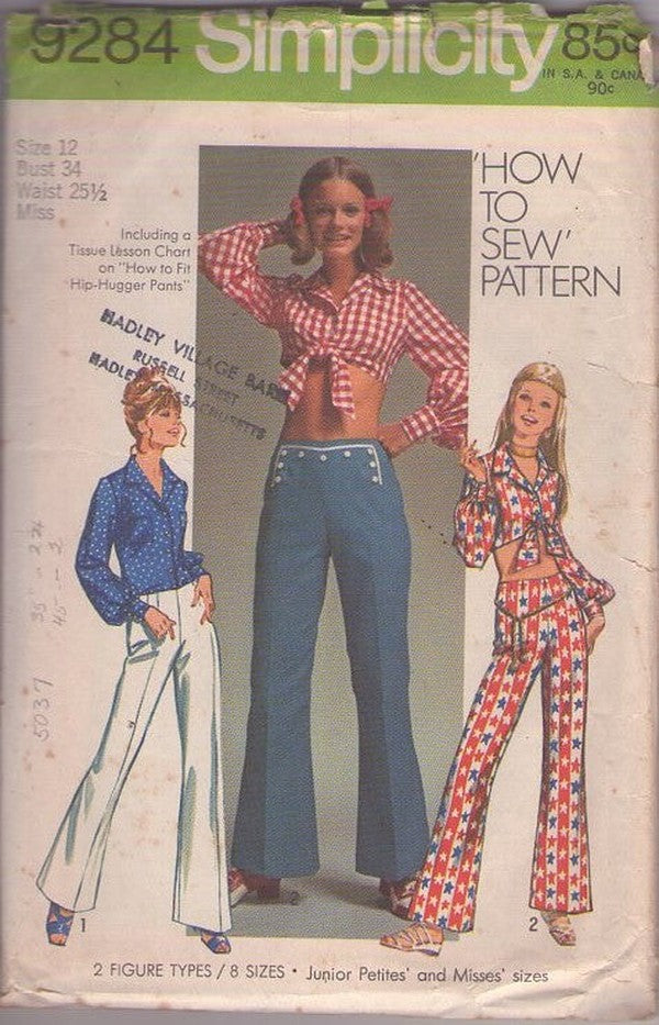 Simplicity 9284 Vintage 70's Sewing Pattern Easy Hippie Crop Top, Blouse, Hip Huggers, Bell Bottoms Pants Size 12