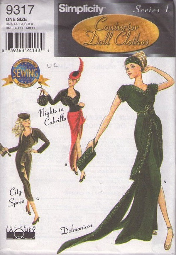 Simplicity 9317 Retro 2000 Sewing Pattern Doll Clothes, Series 1 Couturier Doll Clothes 15.5" Fashion Doll Gene Vintage Evening Wear, Bustle Gown, Bustier, Skirt, Jacket, Dress, Purse, Hats