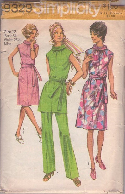 Simplicity 9329 Vintage 70's Sewing Pattern Mod Summer Dress, Tunic Top, Pants, Pantsuit Size 12