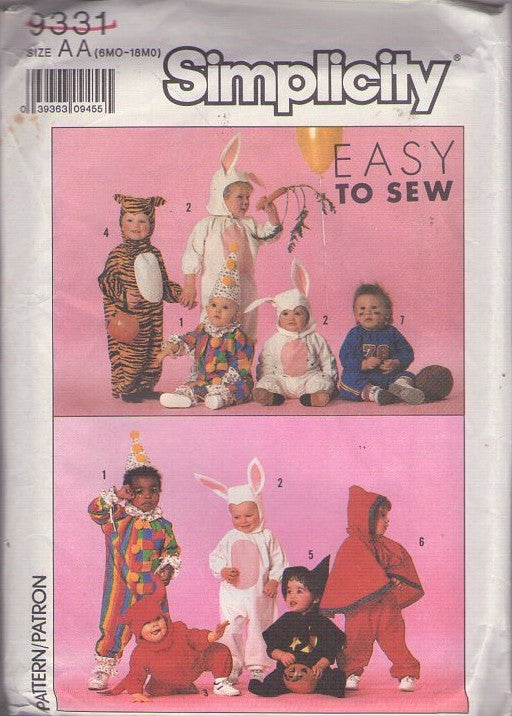 Simplicity 9331 Vintage 80's Sewing Pattern Animal Costumes, Baby Bunny, Clown, Devil, Tiger Cat, Football Player, Witch Size 6M-18M
