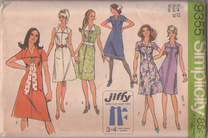 Simplicity 9355 Vintage 70's Sewing Pattern Mod Dresses, Simple To Sew Wide Wing Collar Front Zippered Nautical Vibes Secretary Day Dress, 6 Styles Size 12